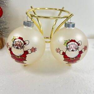 Vintage Rauch Santa ornament Christmas Balls. White satin glass set of 2